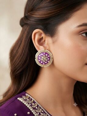 Floral Kundan & Meenakari Statement Pendant | Purple & Pearl Jewelry